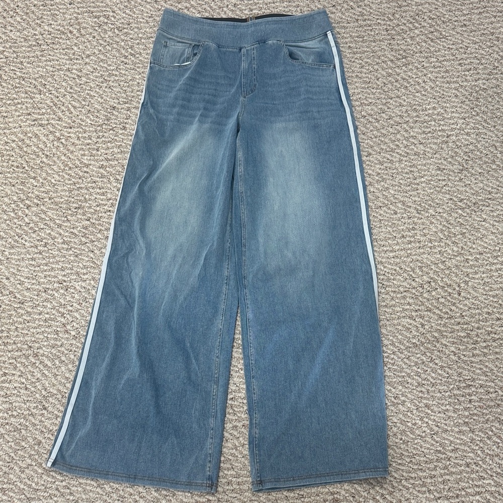 Women's Halara Blue Wide-Leg Jeans with White Stripes.  NWOT - Picture 2 of 5